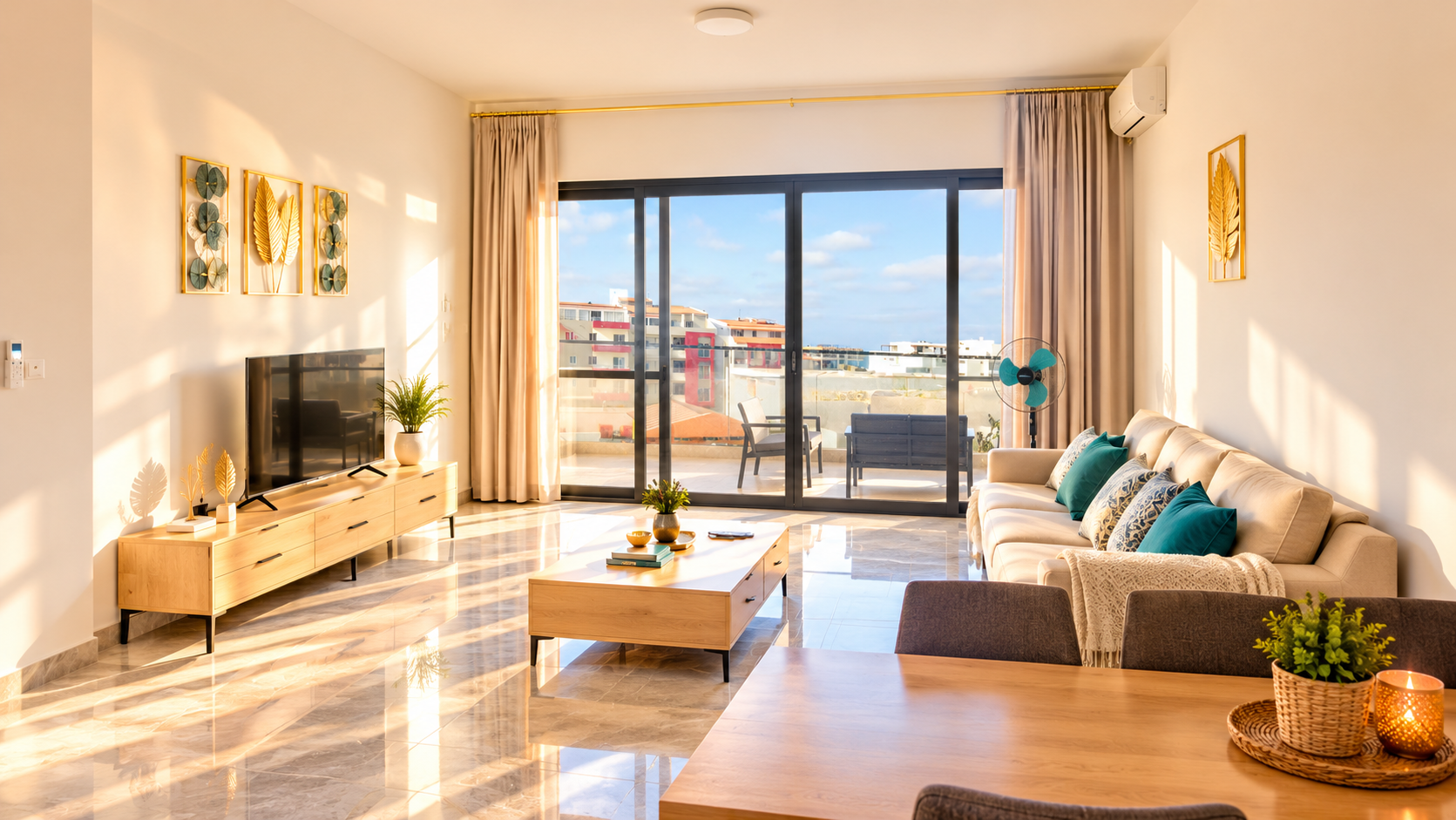 Sala de estar luminosa do apartamento Sal Rei Bliss, com sofá, televisão e acesso à varanda