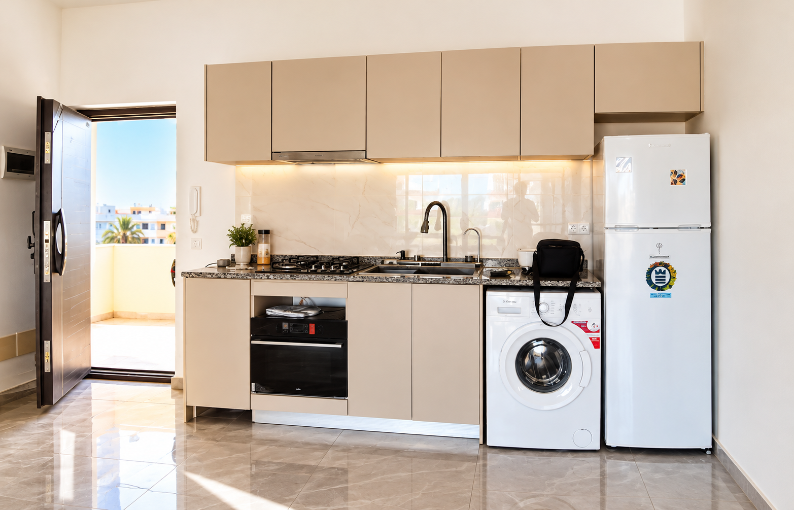 Cozinha equipada do Sal Rei Bliss, com armários claros, bancada, frigorífico e máquina de lavar roupa