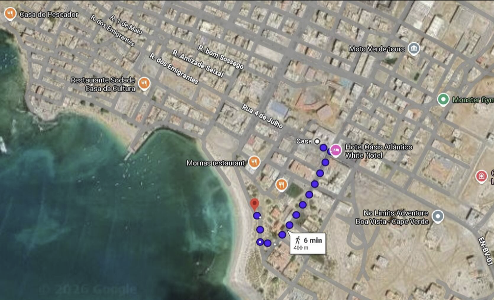 Mapa da localização do apartamento em Sal Rei, Boa Vista, com percurso pedonal assinalado